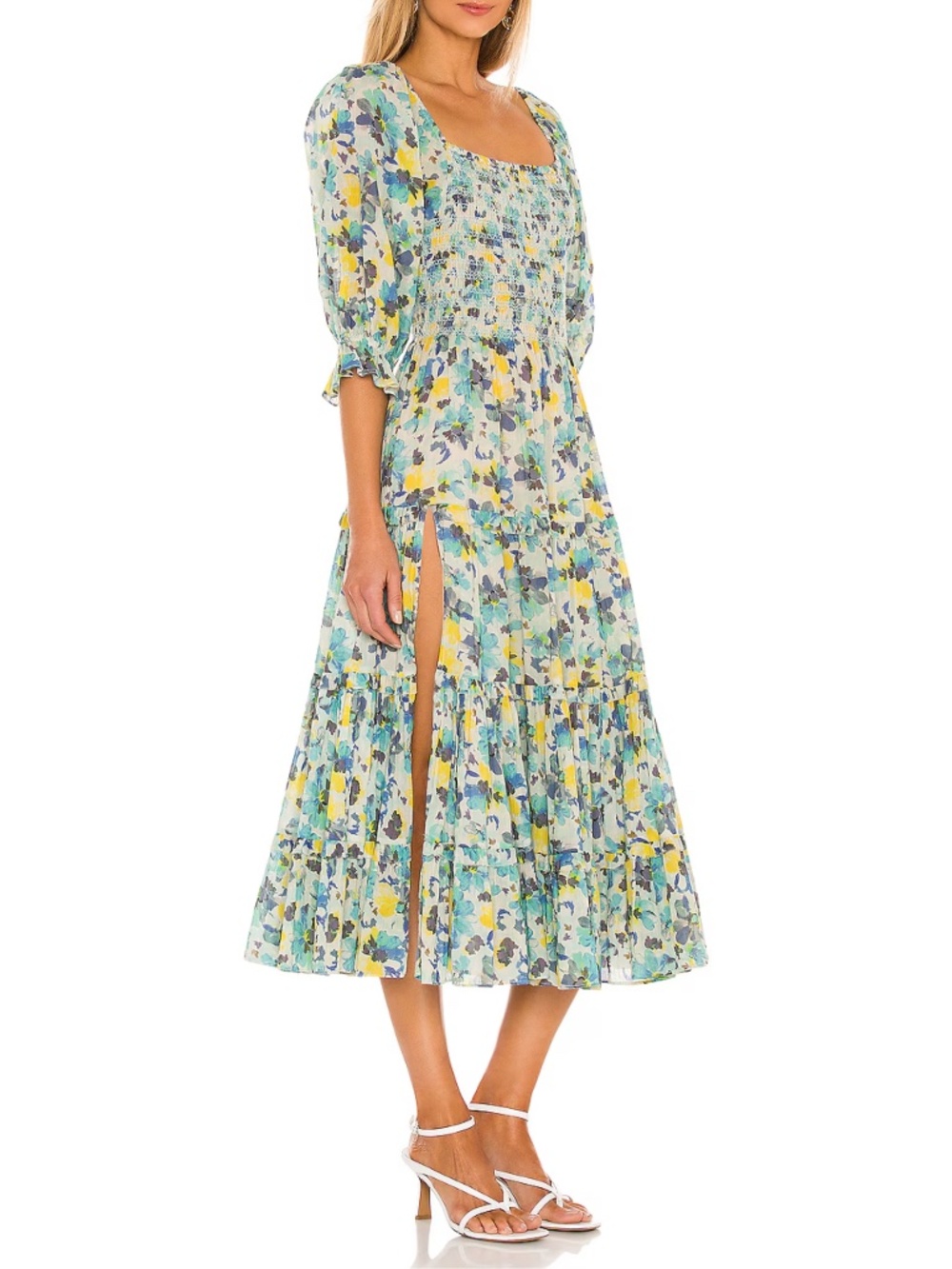 LoveShackFancy Capri Floral Smocked Off Shoulder Midi Dress M